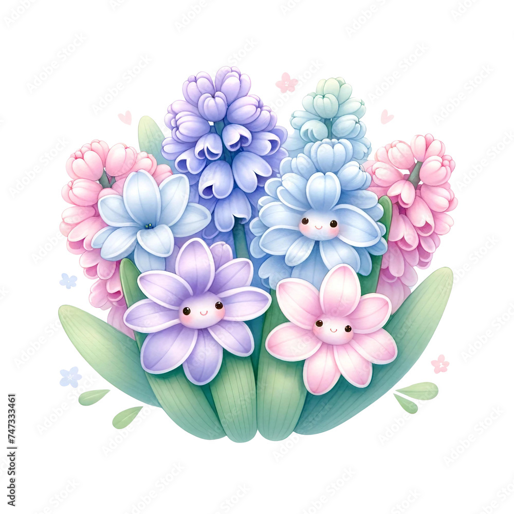 A delightful illustration of animated hyacinth flowers in soft pastel colors, perfect for spring-themed designs.