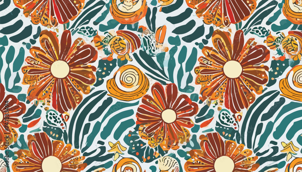 Groovy and the 70s. Vector trendy seamless pattern or abstract ornament for fabric, background or paper in retro style and illustration of people in pop art style Groovy and the 70s. Vector trendy seamless pattern or abstract ornament for fabric, background or paper in retro style and illustration of people in pop art style