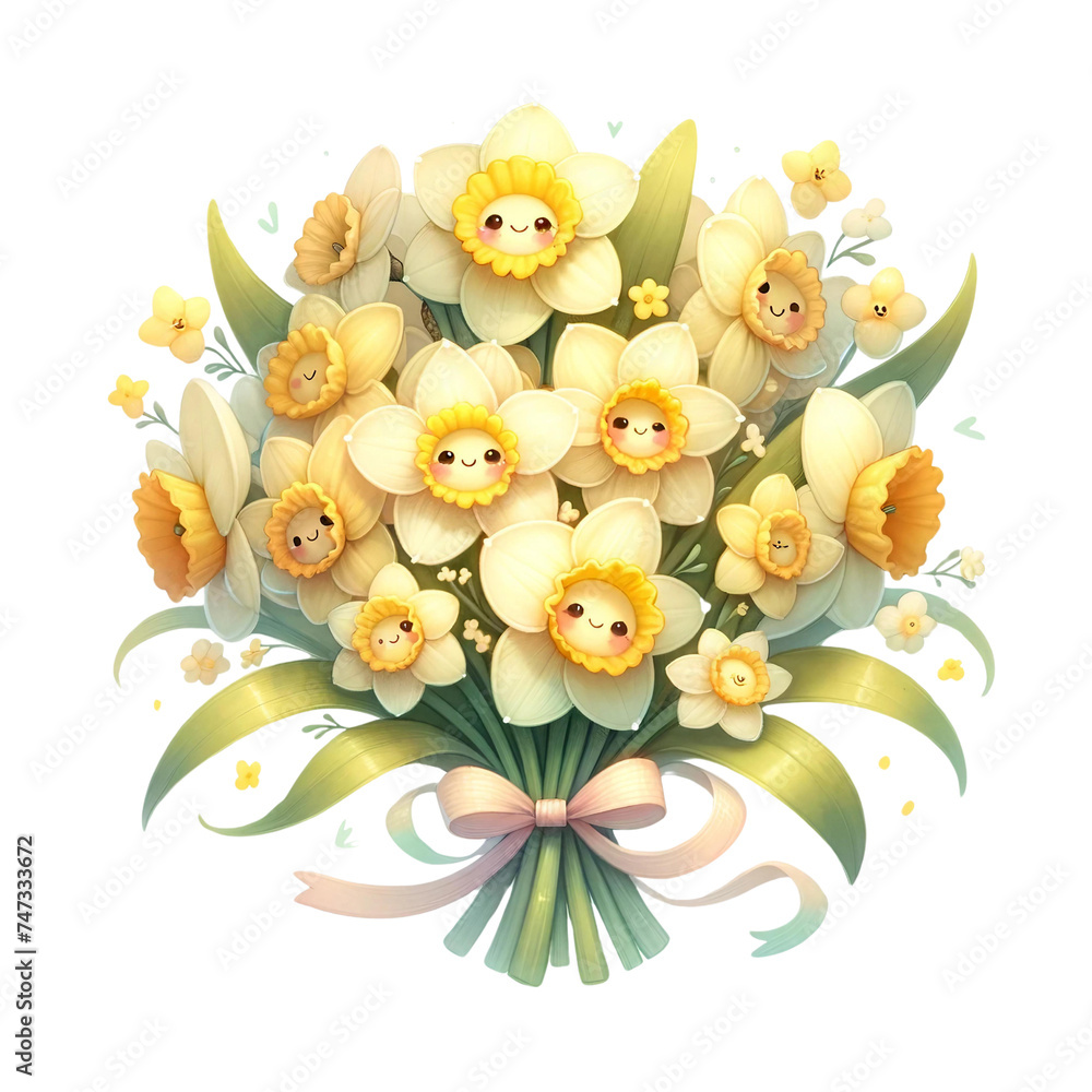 Cheerful illustration of a smiling daffodil bouquet with a satin ribbon, ideal for joyful occasions.