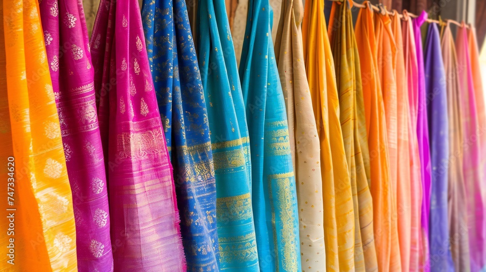 Traditional Indian Saris Display a Rainbow of Colors on Clothesline