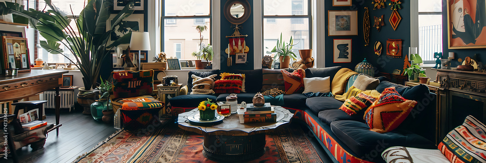  A lavish, eclectic living space with rich textiles, vibrant patterns, and an array of global artifacts that tell stories of adventure and culture.