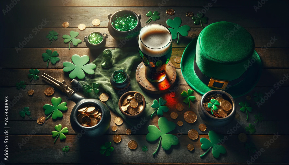 Festive St. Patrick’s Day Celebration with Traditional Irish Symbols - obrazy, fototapety, plakaty 