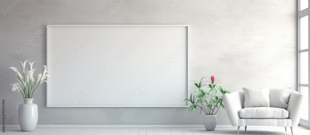 A white room featuring a modern chair and an empty picture frame hanging on the wall. The minimalist design adds an air of simplicity and sophistication to the space. A white room featuring a modern chair and an empty picture frame hanging on the wall. The minimalist design adds an air of simplicity and sophistication to the space.