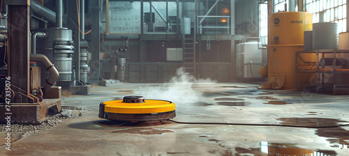 an industrial yellow robot vacuum cleaner cleans the floor in a dusty workshop