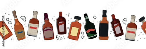Various bottles of alcohol seamless border. Hand drawn alcohol bottles with doodle elements. Different shapes and colors of bottles in a row.