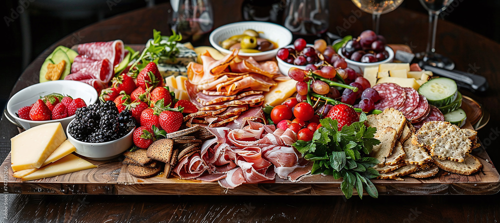 A gourmet appetizer with cold cuts, cheeses, fruit and crackers, accompanied by a glass of wine. A gourmet appetizer with cold cuts, cheeses, fruit and crackers, accompanied by a glass of wine.