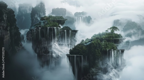 Ethereal mountain landscape with floating islands and waterfalls.