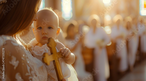a woman baptizes a baby in the church photo
