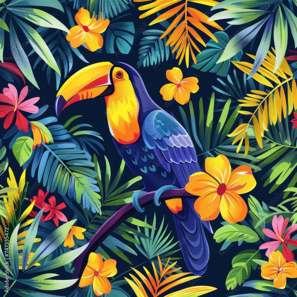 Tropical paradise illustration, vibrant colors, eco-friendly theme with seamless pattern
