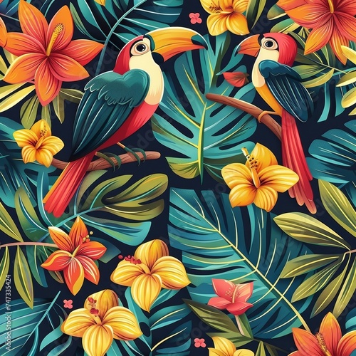 Illustration of a tropical paradise featuring vibrant colors, eco-friendly theme, and seamless pattern © Fokasu Art