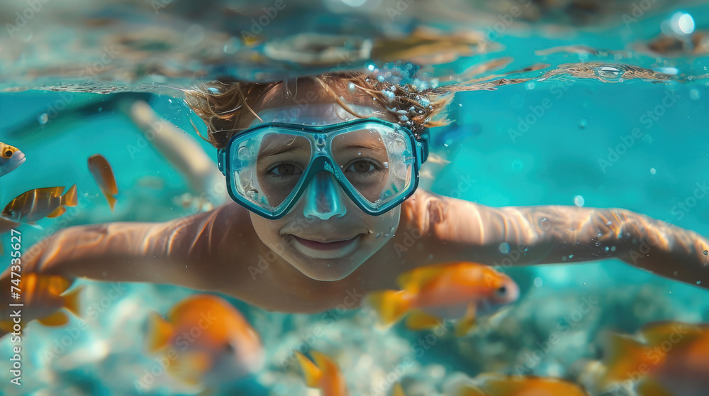 Fototapeta premium Little boy dives deep under water with blue mask, looks at underwater world. Beautiful young kid diver swim at ocean. Extreme sport activity concept. Sea depth snorkeling. Fun adventure outdoor.