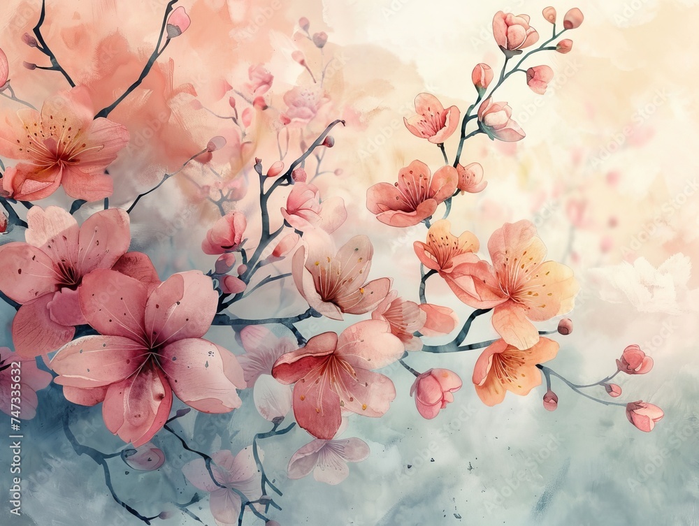 Soft pastel colors create a watercolor background filled with the beauty of spring blossoms