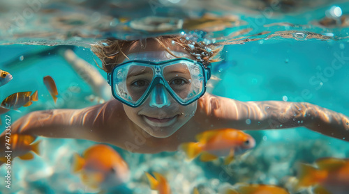 Little boy dives deep under water with blue mask, looks at underwater world. Beautiful young kid diver swim at ocean. Extreme sport activity concept. Sea depth snorkeling. Fun adventure outdoor.