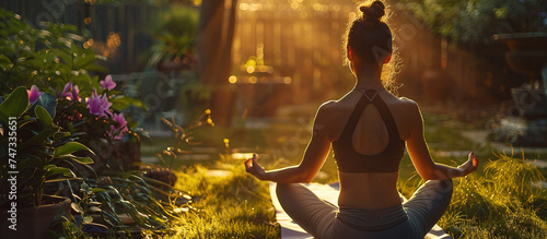 Young woman doing yoga in spring evening garden