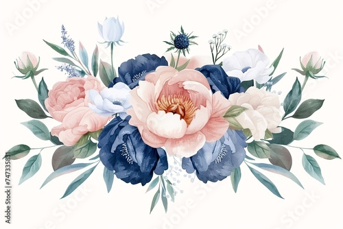 watercolor floral bouquet, peonies, David Austin english roses, blue thistle photo
