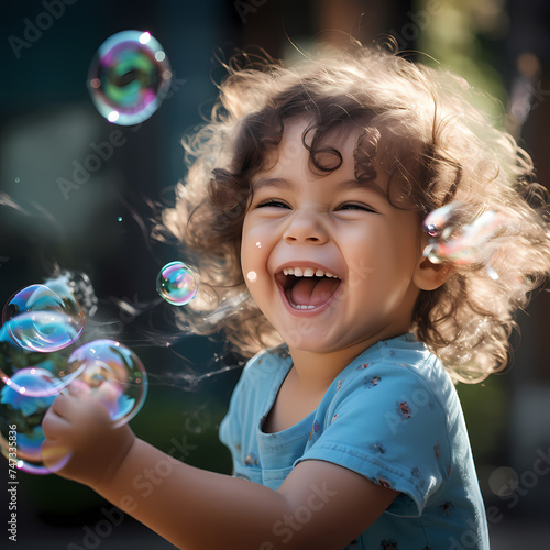 A smiling child playing with a bubble wand. 