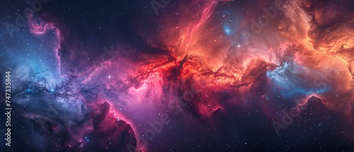 A vibrant space-themed digital wallpaper featuring stars, galaxies, in vivid colors decorates the room