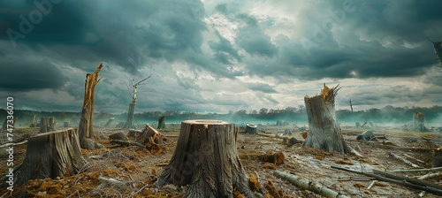 felled stumps and scattered debris under a cloudy sky signal an environmental disaster.