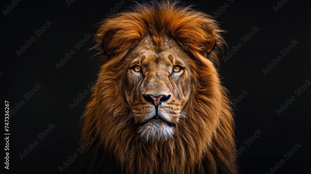 Lion Portrait Against Black Backdrop.
Majestic lion with a deep black background.