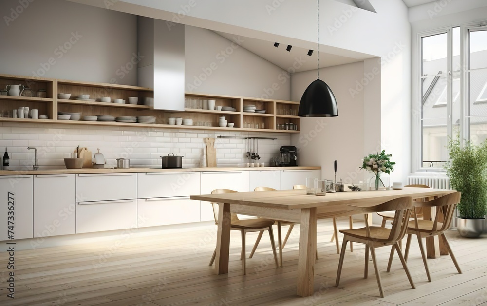 Modern kitchen, interior design, minimalistic scandinavian look. Natural wooden and white materials. Minimalistic sunny photo. AI Generative Modern kitchen, interior design, minimalistic scandinavian look. Natural wooden and white materials. Minimalistic sunny photo. AI Generative
