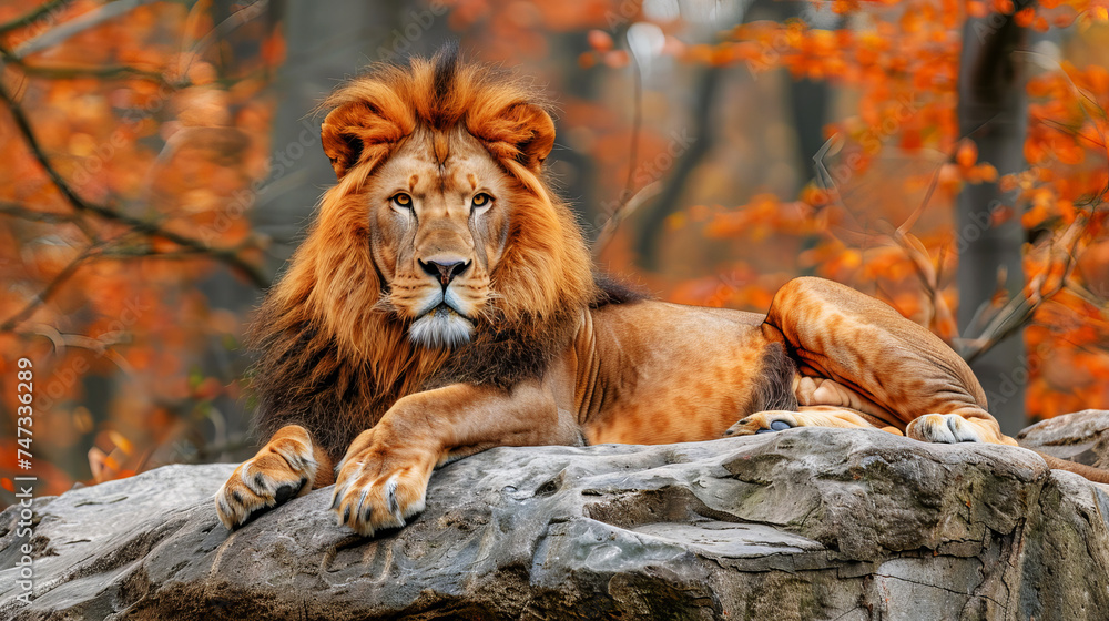 Naklejka premium Lion Lounging on Autumn Day. Lion lounging on a rock with fall colors.