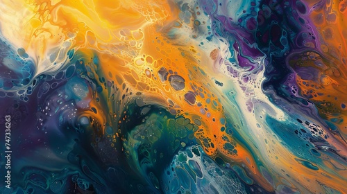 High-definition closeup of a vibrant abstract painting, emphasizing the fluidity and energy captured through the use of bold colors and spontaneous brush strokes.