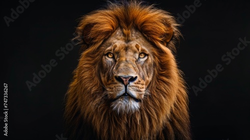 Lion Portrait Against Black Backdrop. Majestic lion with a deep black background. © AI Visual Vault