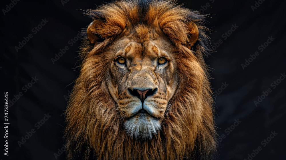 Lion's Stark Stare in Black.
Close-up of a lion's face with black background.