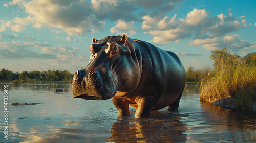 A hippopotamus in Africa drinks water from a river