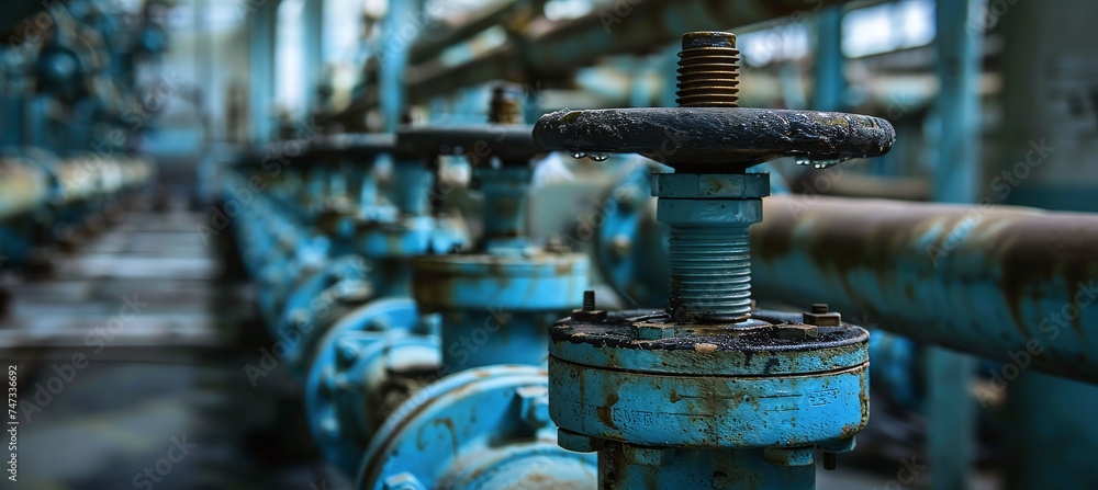 A row of blue valves at the factory. Suitable for industrial and manufacturing concepts A row of blue valves at the factory. Suitable for industrial and manufacturing concepts