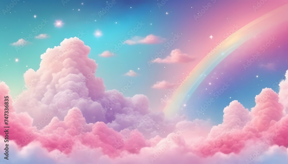 A pastel rainbow unicorn background including sparkling stars. A hazy, pink fantasy sky. Charming holographic area.  Fairy iridescent gradient backdrop Backgrounds - obrazy, fototapety, plakaty 