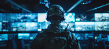 A military operator in tactical gear looks at a control room with multiple screens. Command center and strategy concept