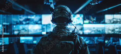 A military operator in tactical gear looks at a control room with multiple screens. Command center and strategy concept photo