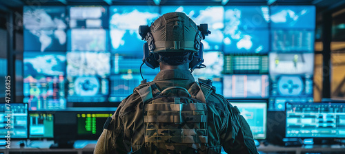 A military operator in tactical gear looks at a control room with multiple screens. Command center and strategy concept photo