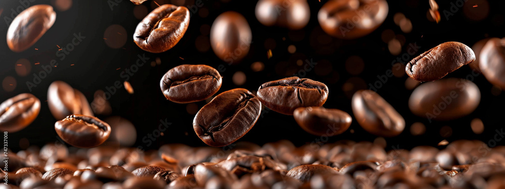 Obraz premium Brown roasted coffee beans falling on a black background
