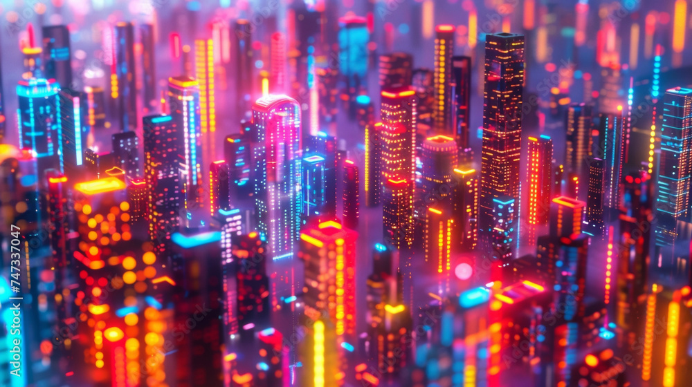 A zoomed out view of a citys skyline at night with the glowing neon lights and litup digital billboards standing out as symbols of the considerable energy use and environmental