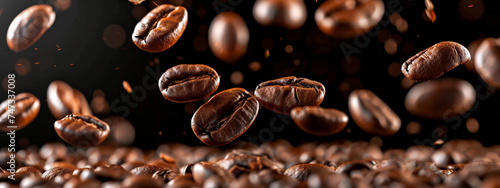 Brown roasted coffee beans falling on a black background