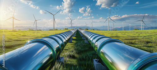 Hydrogen pipeline with wind turbines in the background. Green hydrogen production concept