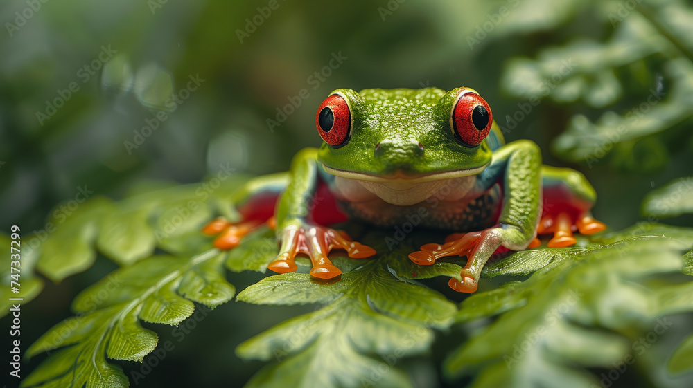 Fototapeta premium Colorful tree frog looking up with cute eyes in the rainforest.