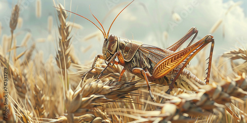 a huge locust sits on a spike of wheat photo