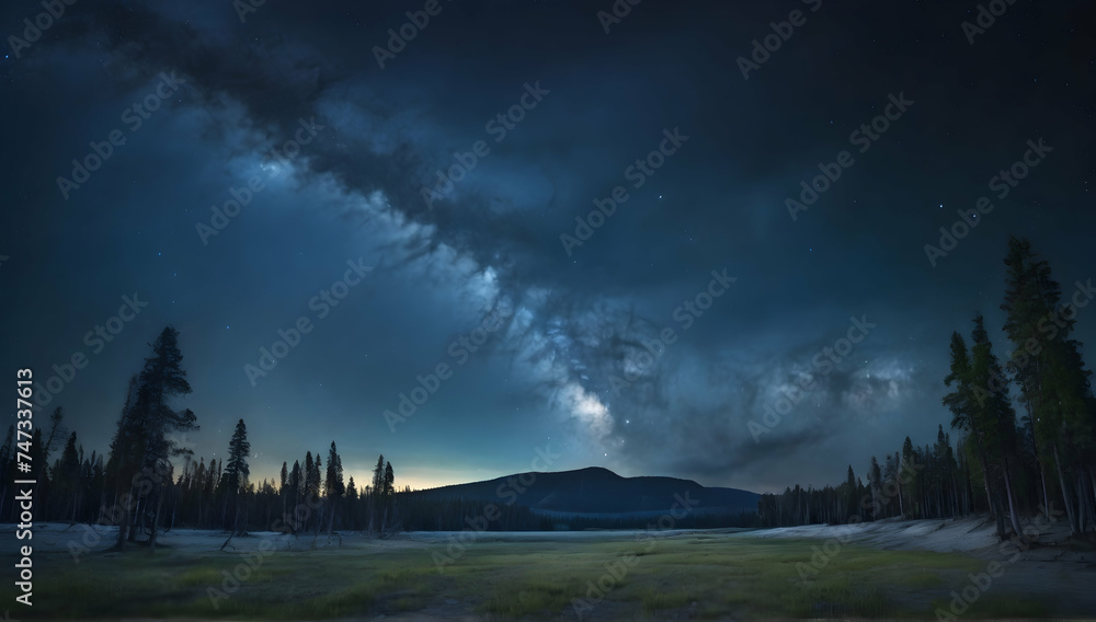 Forest at night with blue dark night sky with many stars above field of trees. Milky Way cosmos background