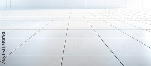 A white tiled floor with a textured pattern stretches into the distance. The room is devoid of furniture or people,