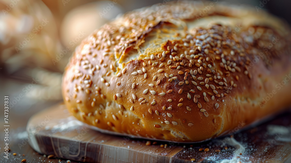 Close-up of a loaf of bread with sesame seeds. Close-up of a loaf of bread with sesame seeds.