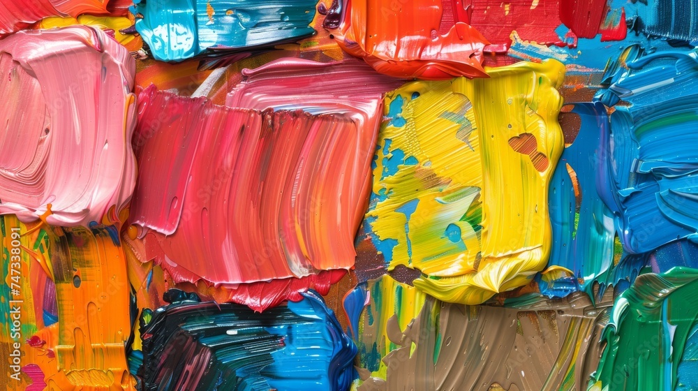 Close-up of a vibrant abstract composition, focusing on the interwoven brushstrokes and palette knife marks in a variety of colors.