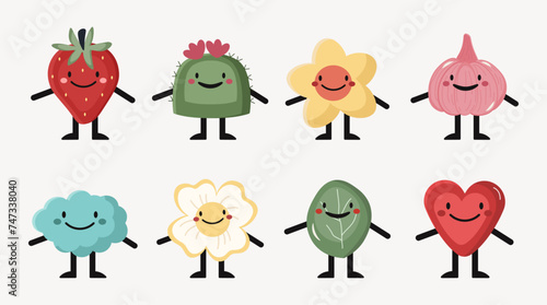  Character collection of fruits, flower, cloud. Stickers or mascots. Vector illustration 
