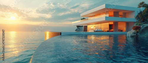 View of modern building with swimming pool and terrace on sea view background. Concept for family vacation. 3D rendering.