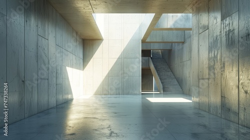 Abstract futuristic architecture with concrete flooring in 3D....