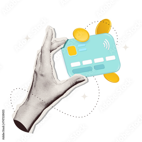 Trendy Halftone Collage Hands holding Credit Card with gold coins. Online payment concept with 3d render element. Keeping money safe. Digital Financial transactions. Banking loan, e-commerce. Vector