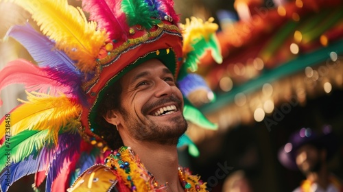 Man wearing a colorful feather headdress smiling at a carnival event.