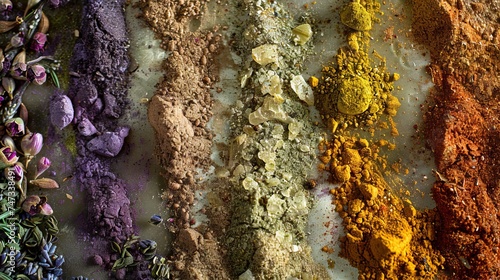 Close-up of colorful organic spices and herbs, creating an abstract mosaic of flavors and textures.